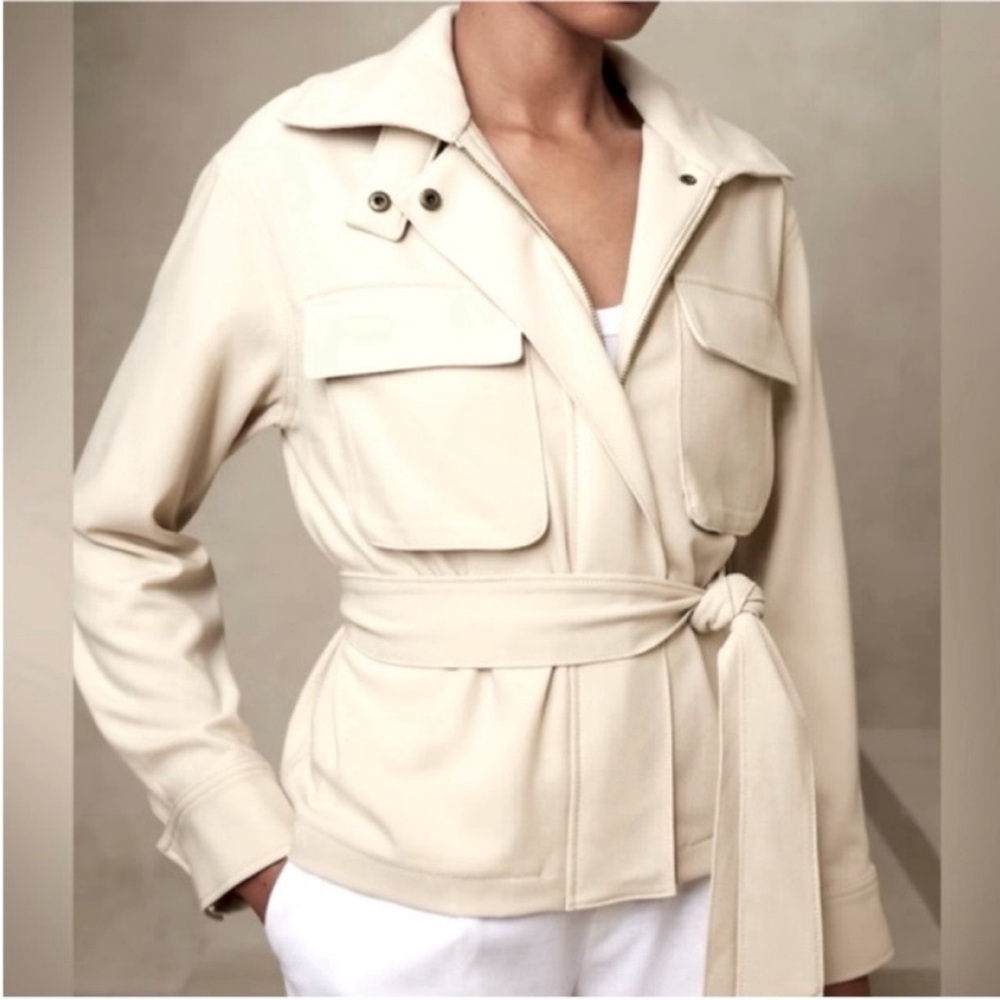 Banana Republic NEW Zip Front Tied Waist Jacket in Oyster Pearl Womens XL Pocket